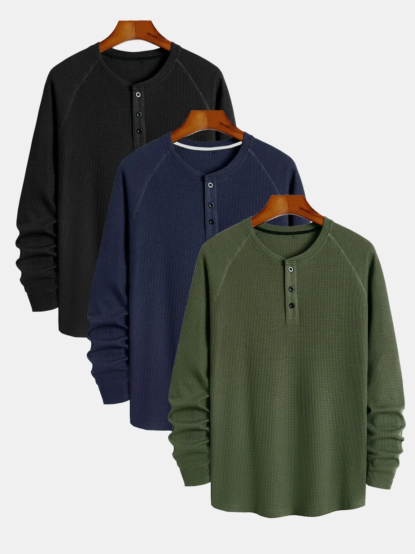 3 Pieces Long Sleeve Arc Hem Waffle Henley Shirt