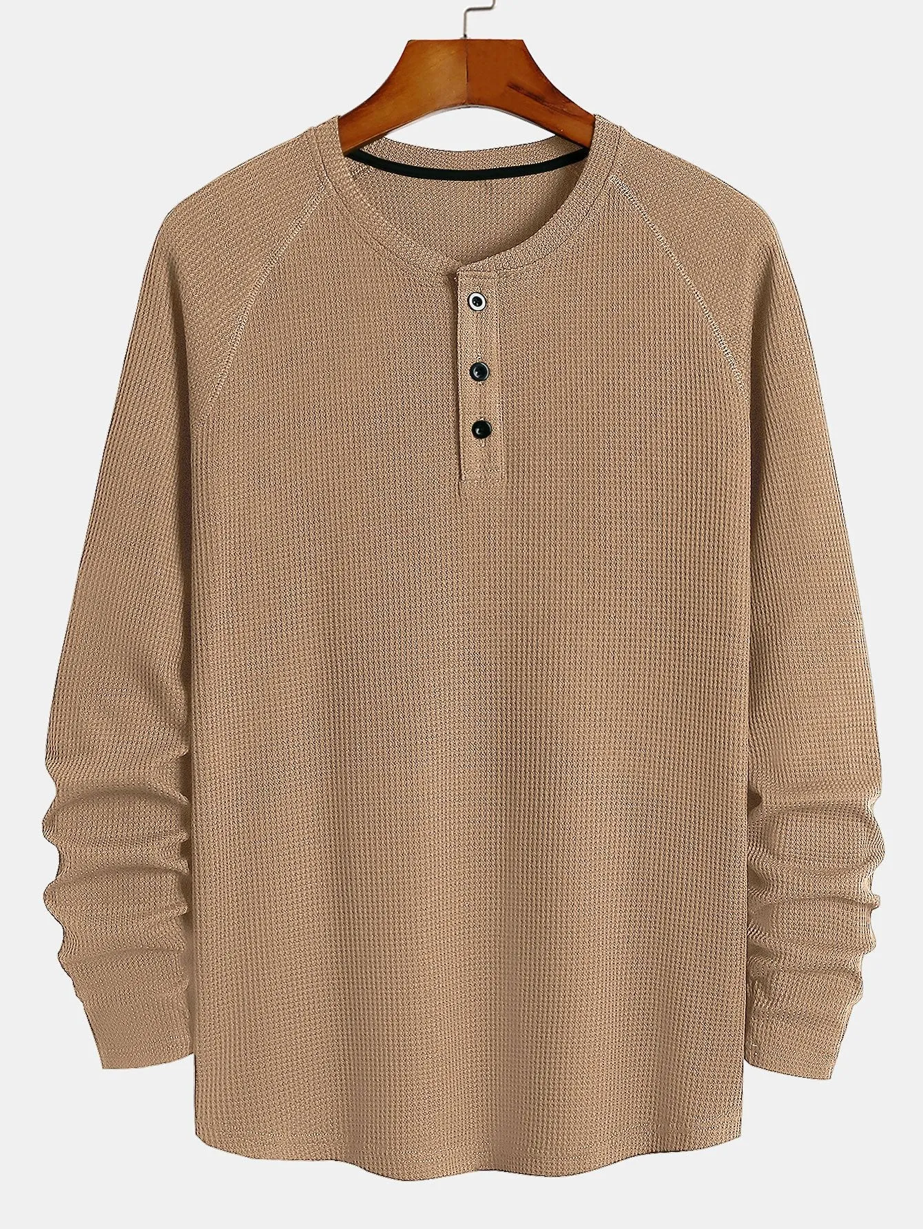 3 Pieces Long Sleeve Arc Hem Waffle Henley Shirt