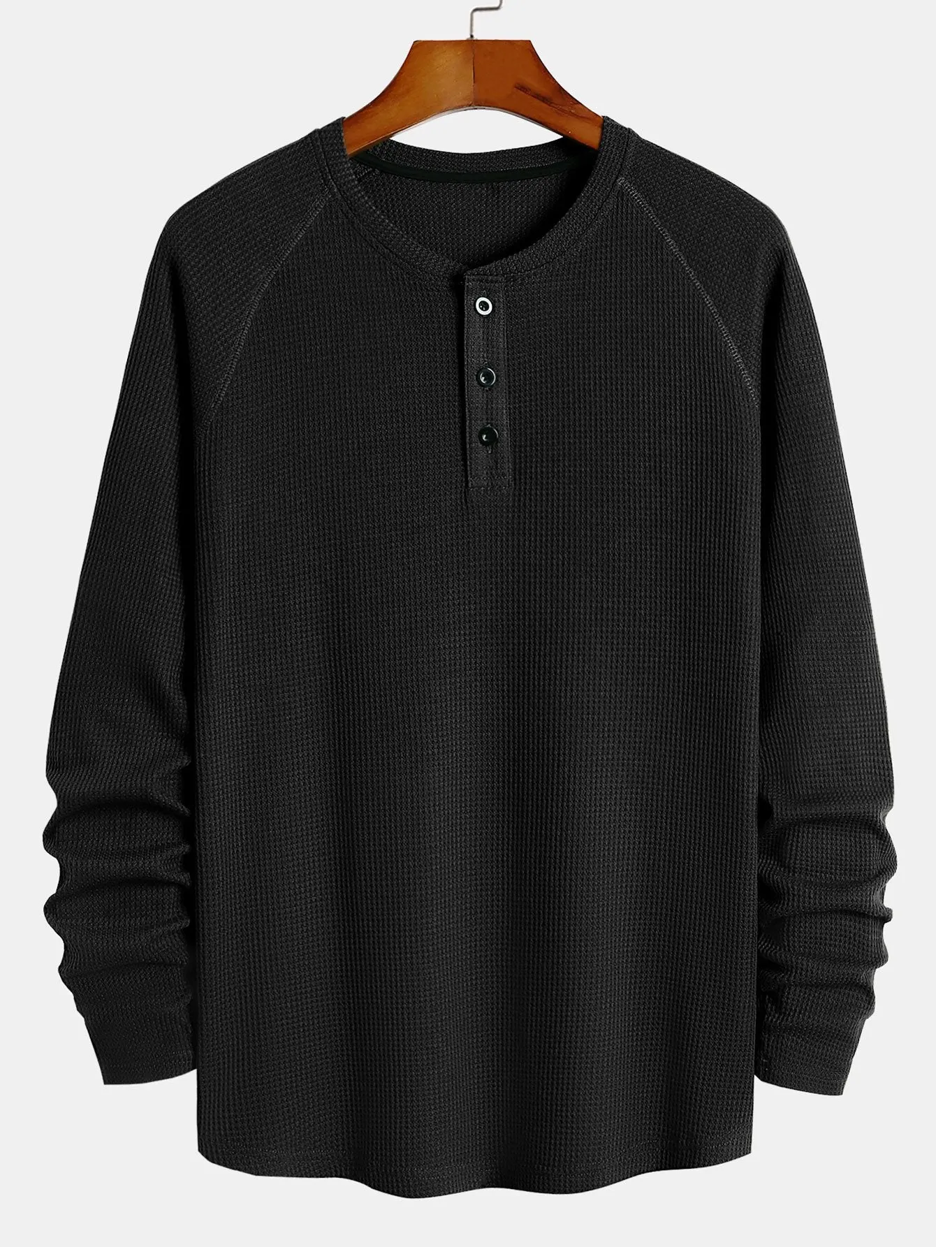 3 Pieces Long Sleeve Arc Hem Waffle Henley Shirt