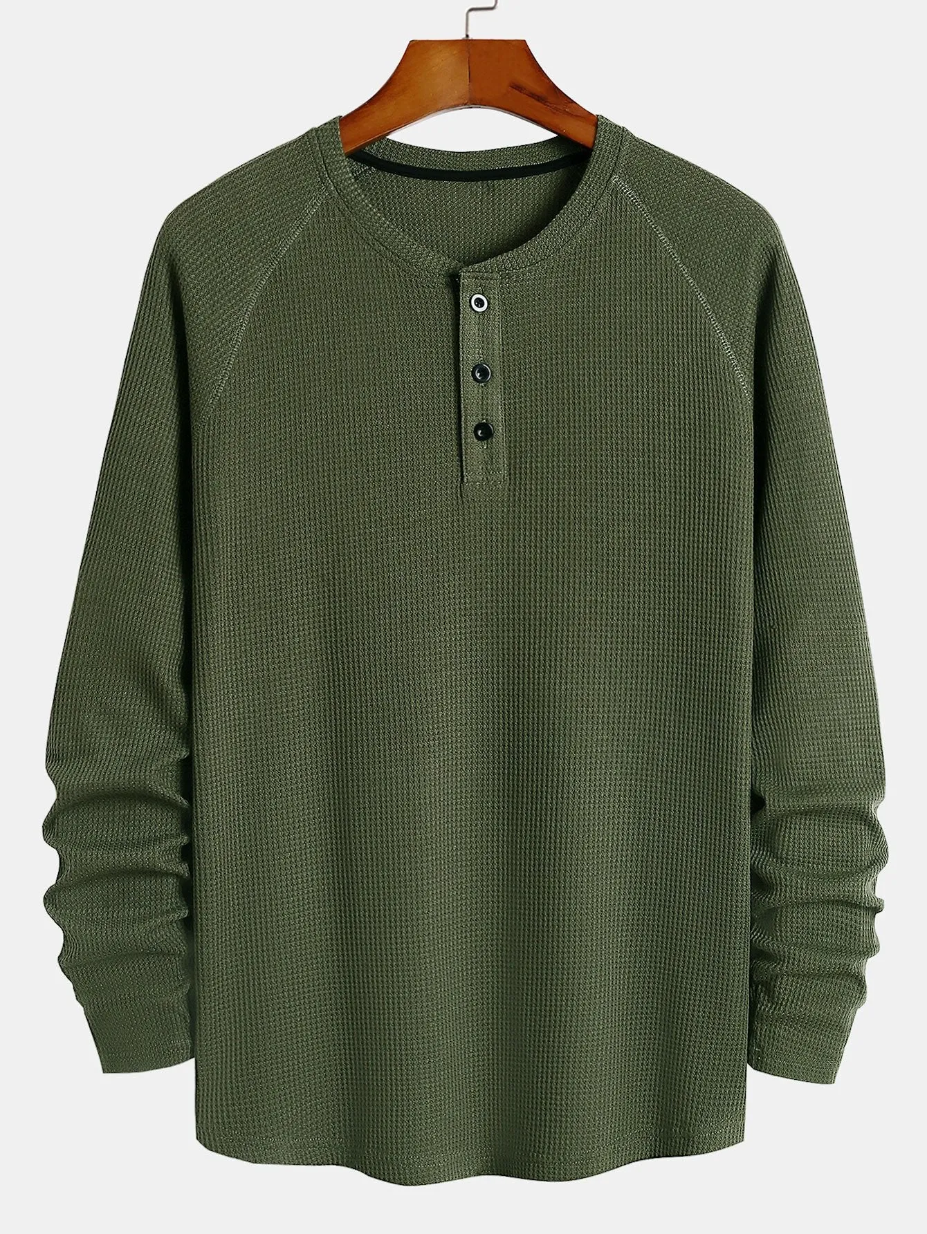 3 Pieces Long Sleeve Arc Hem Waffle Henley Shirt