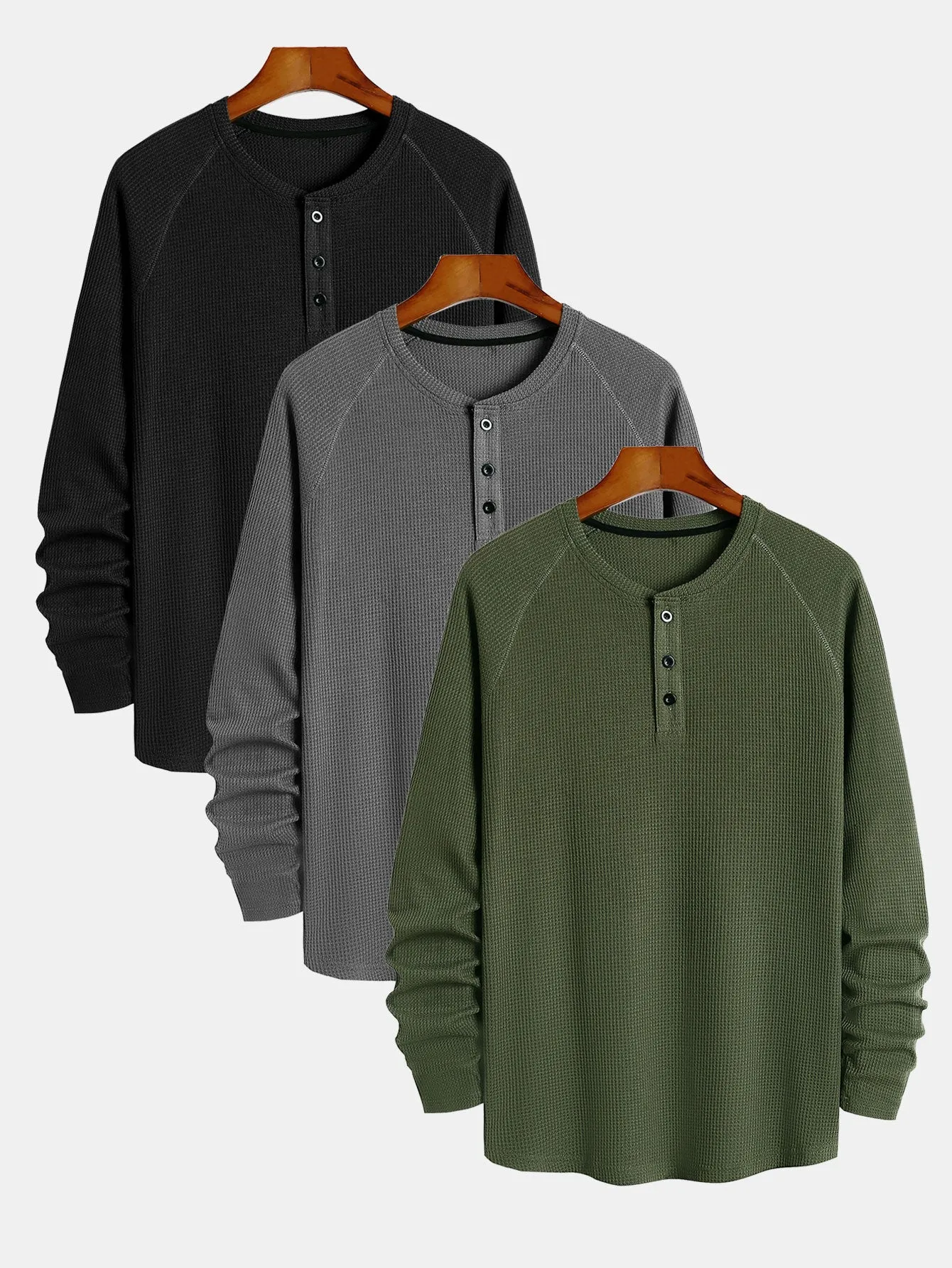 3 Pieces Long Sleeve Arc Hem Waffle Henley Shirt