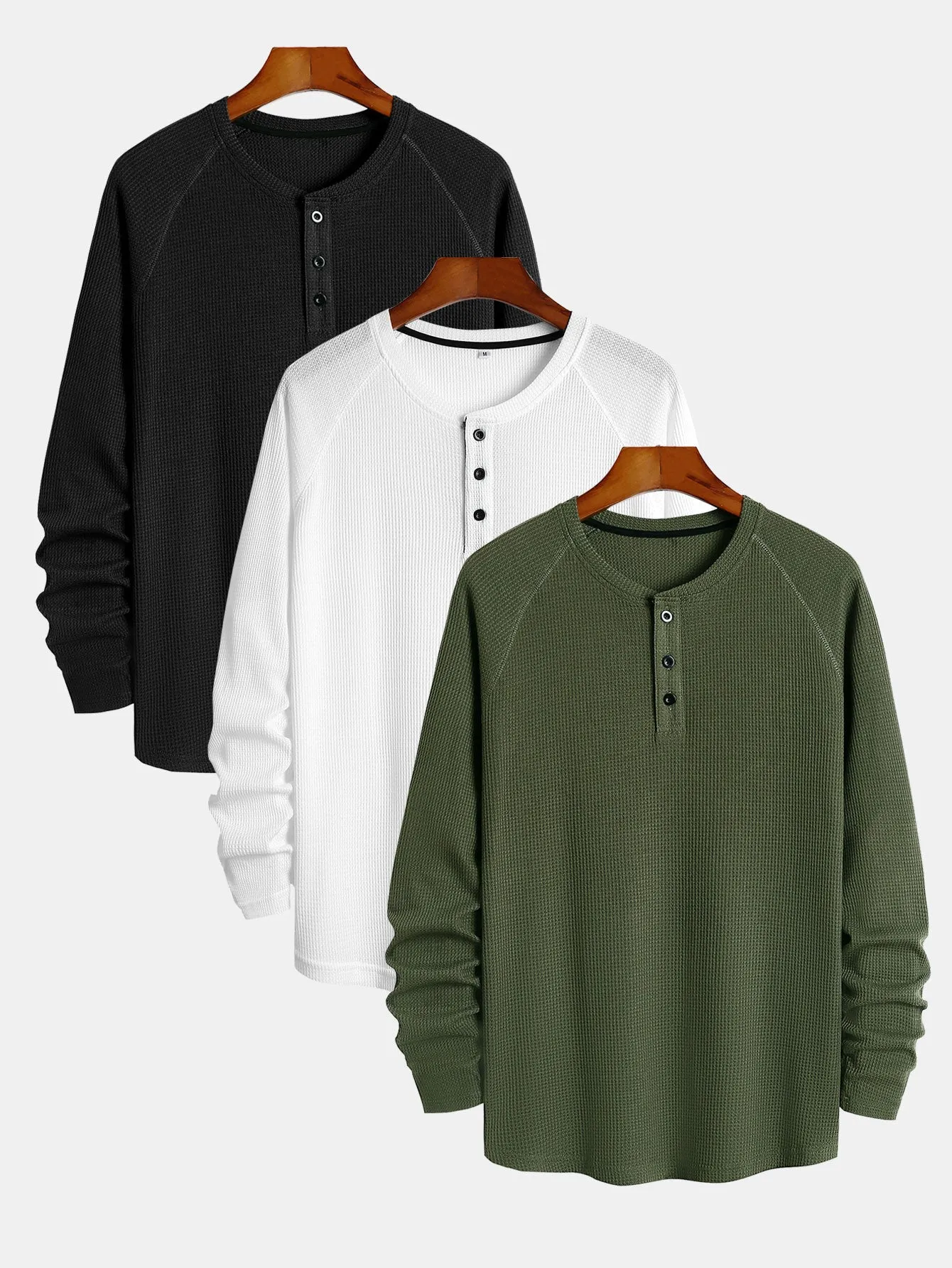 3 Pieces Long Sleeve Arc Hem Waffle Henley Shirt
