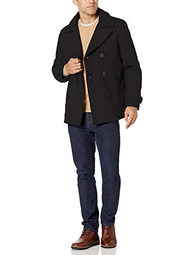 Amazon Essentials Men's Double-Breasted Heavyweight Wool Blend Peacoat Black, Medium