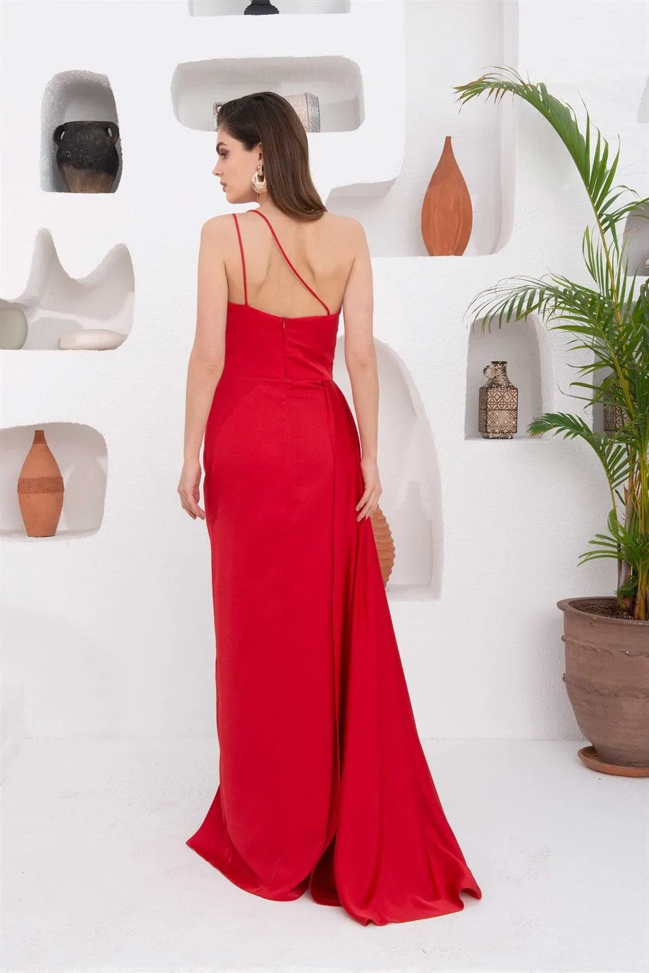 Angelino Red Satin One Shoulder Long Evening Dress