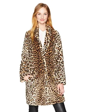 Calvin Klein Women's Long Sleeve Leopard Fur Coat, Black/Vicuna, XS