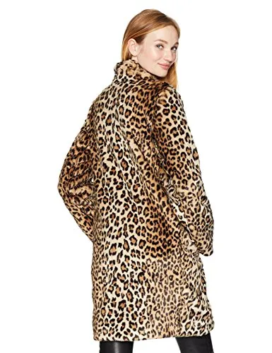 Calvin Klein Women's Long Sleeve Leopard Fur Coat, Black/Vicuna, XS