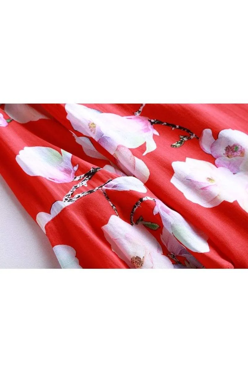Gorgeous Red Scoop Neck with White Magnolia and Pink Bell Sleeve Top