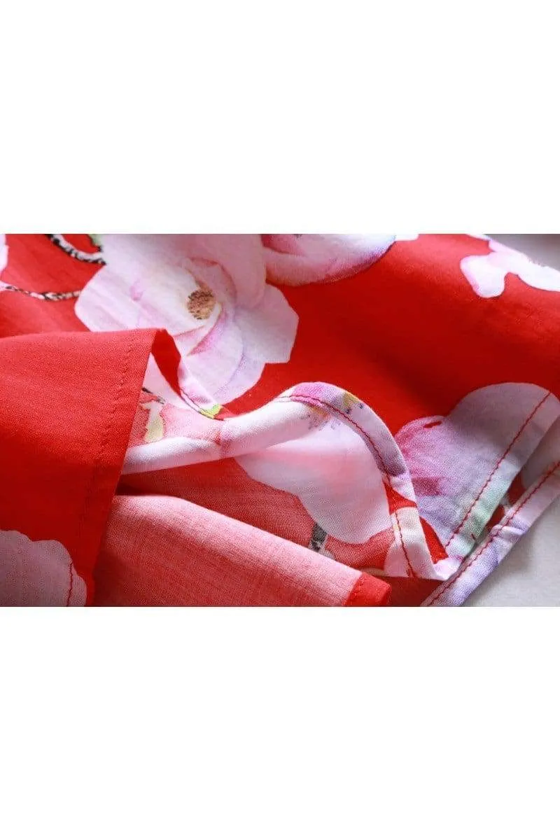 Gorgeous Red Scoop Neck with White Magnolia and Pink Bell Sleeve Top