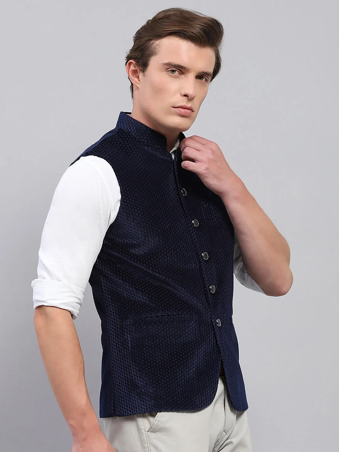 Men Navy Blue Self Design Band Collar Sleeveless Coat