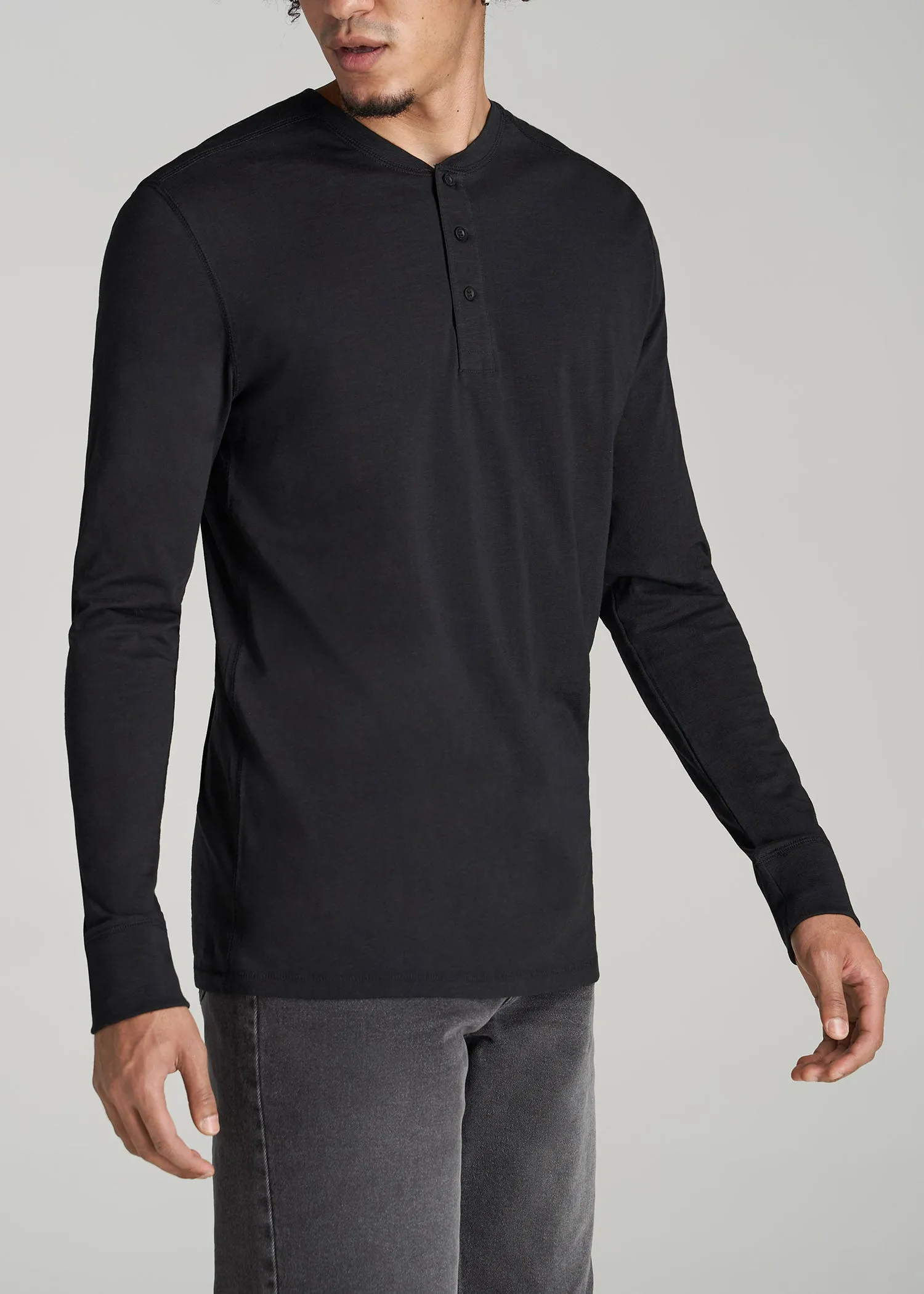Men's Tall Three Button Long Sleeve Slub Henley in Black