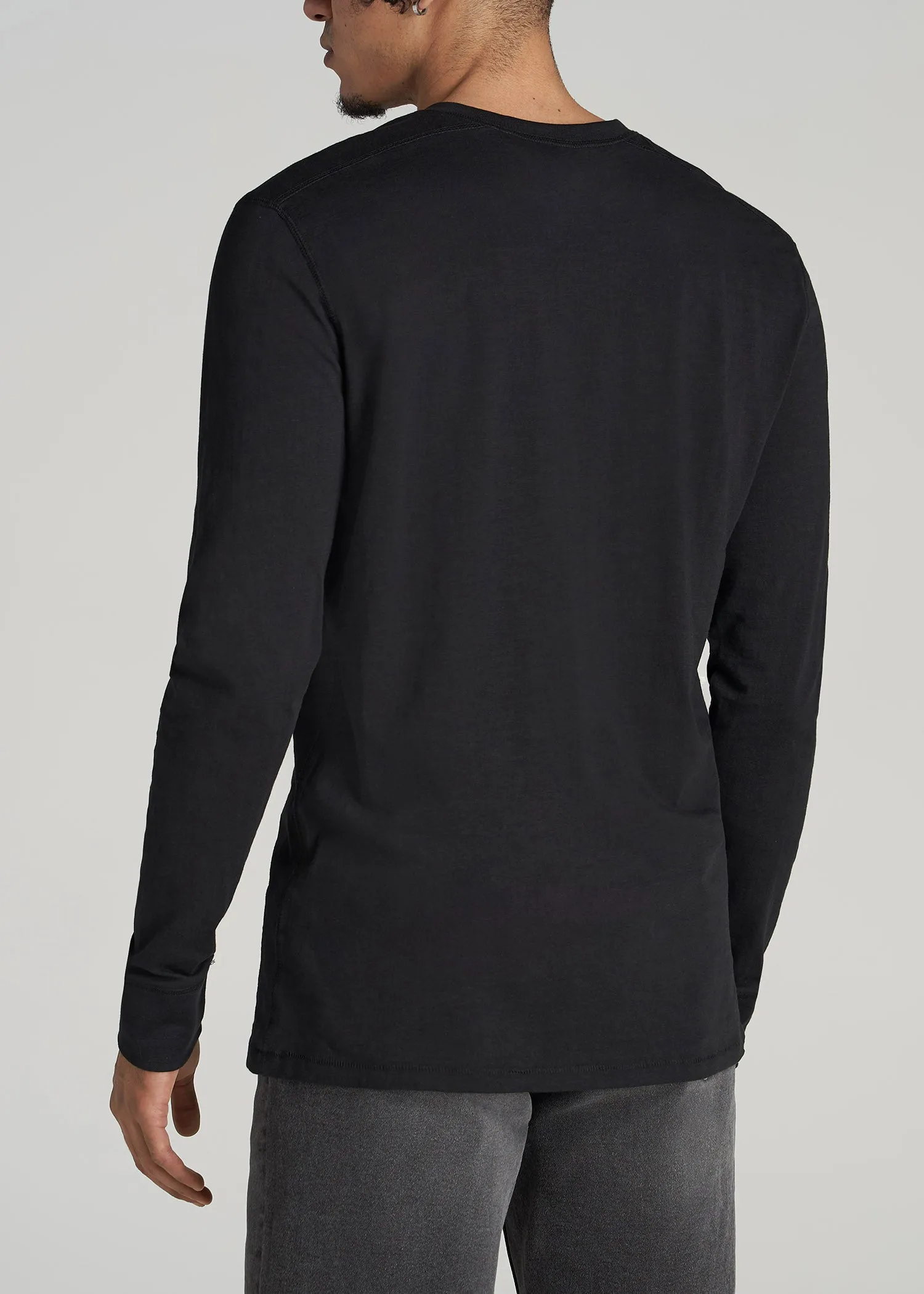 Men's Tall Three Button Long Sleeve Slub Henley in Black