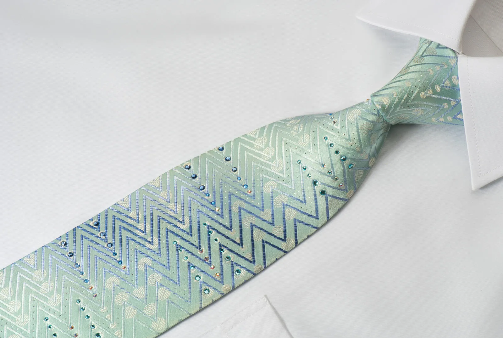 Paco Rabanne Silk Rhinestone Necktie Zigzags On Blue With Silver Sparkles