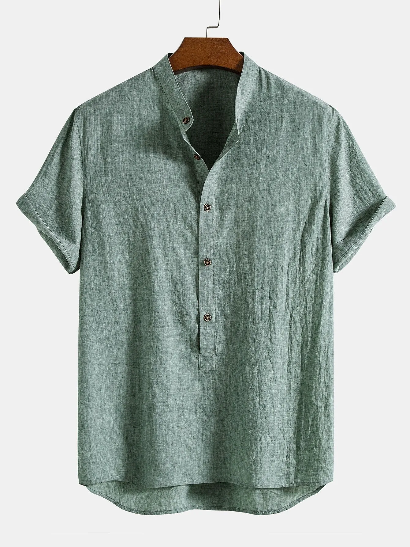 Short Sleeve Half Button Fly Henley Collar Shirt & Linen Cotton Blend 11" Shorts