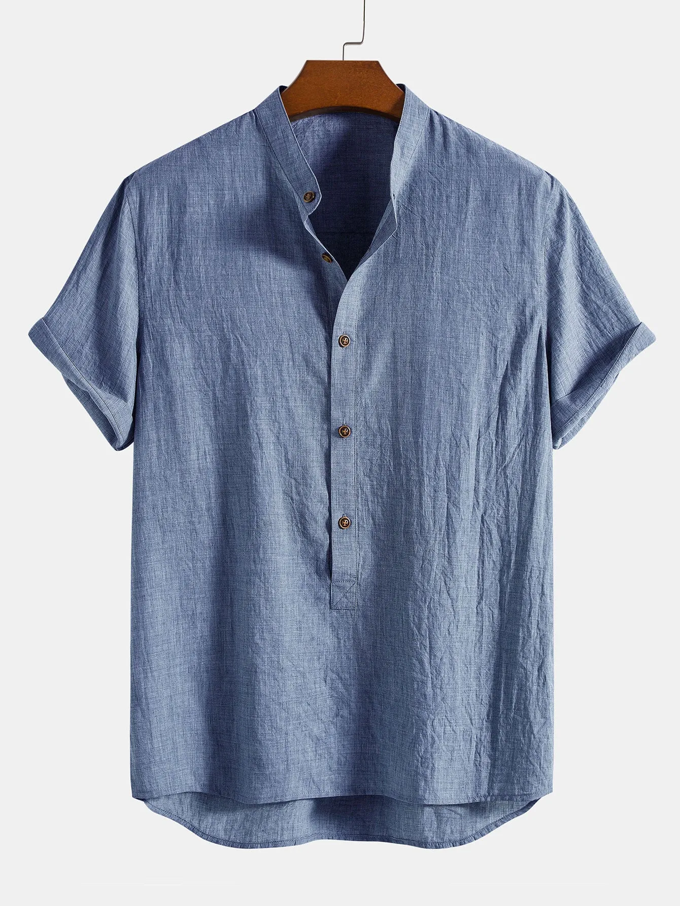 Short Sleeve Half Button Fly Henley Collar Shirt & Linen Cotton Blend 11" Shorts
