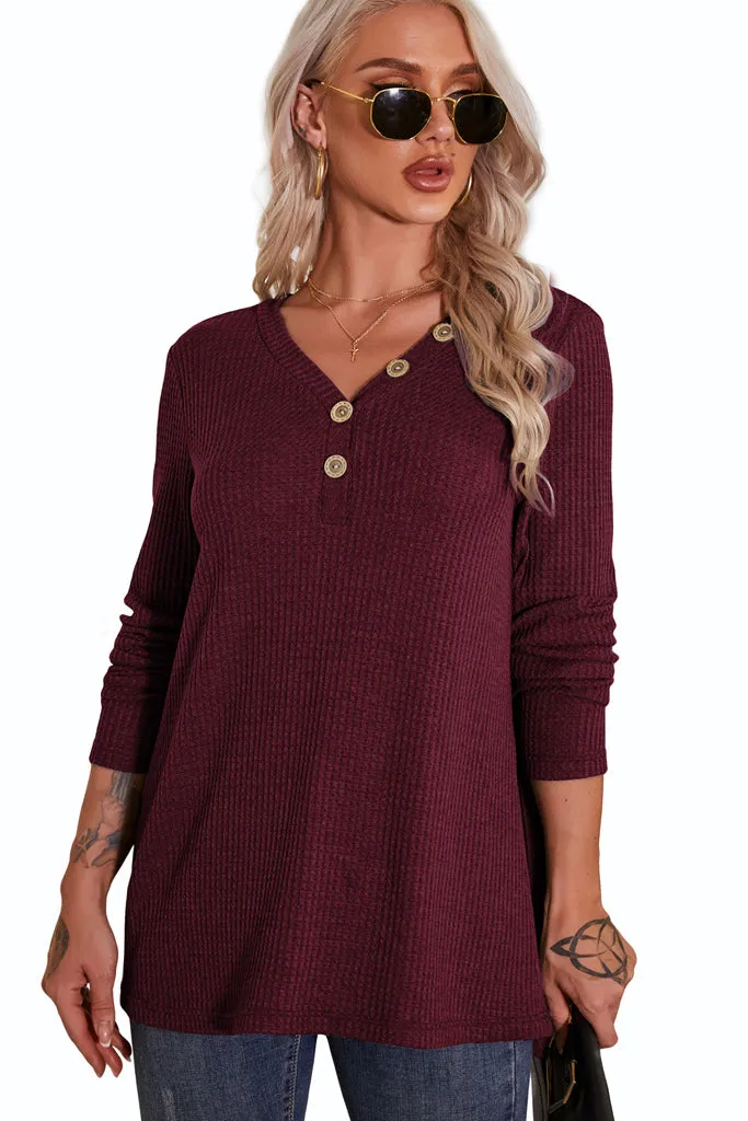 Solid Waffle Knit Button Up Henley Tunic