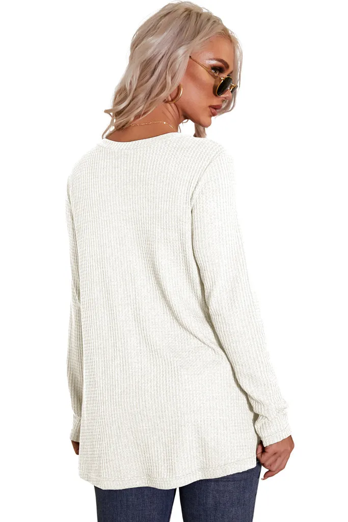 Solid Waffle Knit Button Up Henley Tunic
