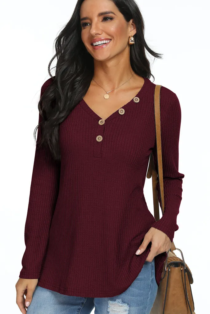 Solid Waffle Knit Button Up Henley Tunic