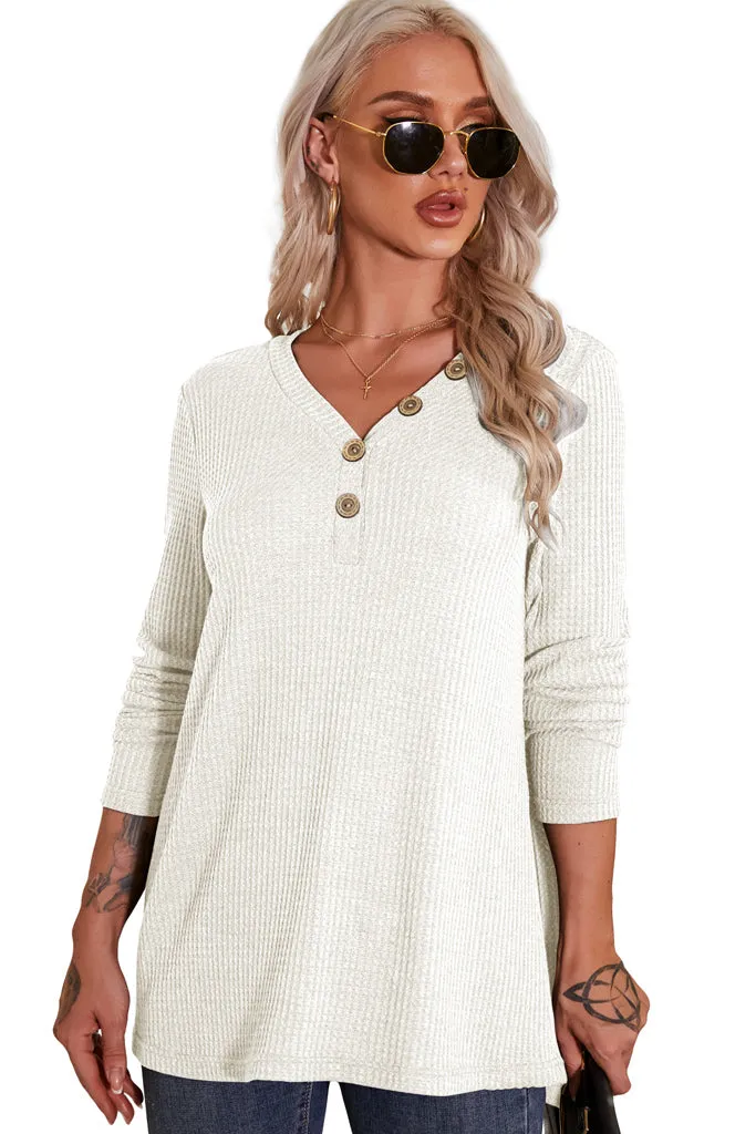 Solid Waffle Knit Button Up Henley Tunic