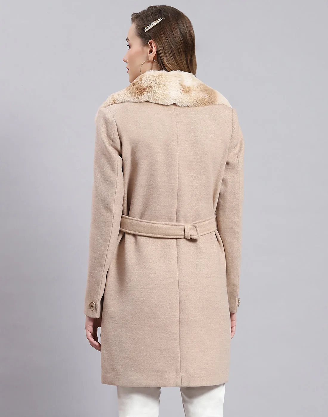 Women Beige Solid Collar Full Sleeve Coat