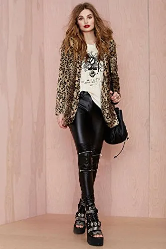 Women's Sexy Winter Faux Fur Coat Leopard Printed Mid-Length Lapel Jacket with Pockets XL Black