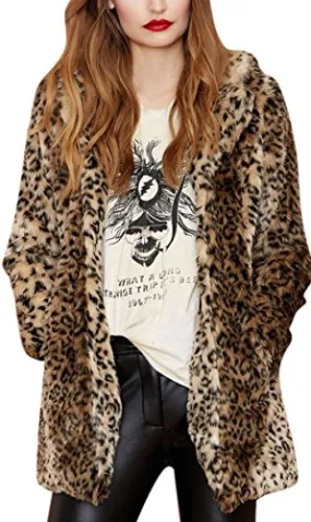 Women's Sexy Winter Faux Fur Coat Leopard Printed Mid-Length Lapel Jacket with Pockets XL Black