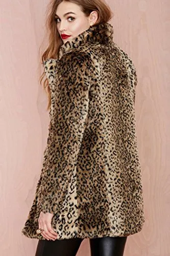 Women's Sexy Winter Faux Fur Coat Leopard Printed Mid-Length Lapel Jacket with Pockets XL Black