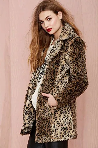 Women's Sexy Winter Faux Fur Coat Leopard Printed Mid-Length Lapel Jacket with Pockets XL Black